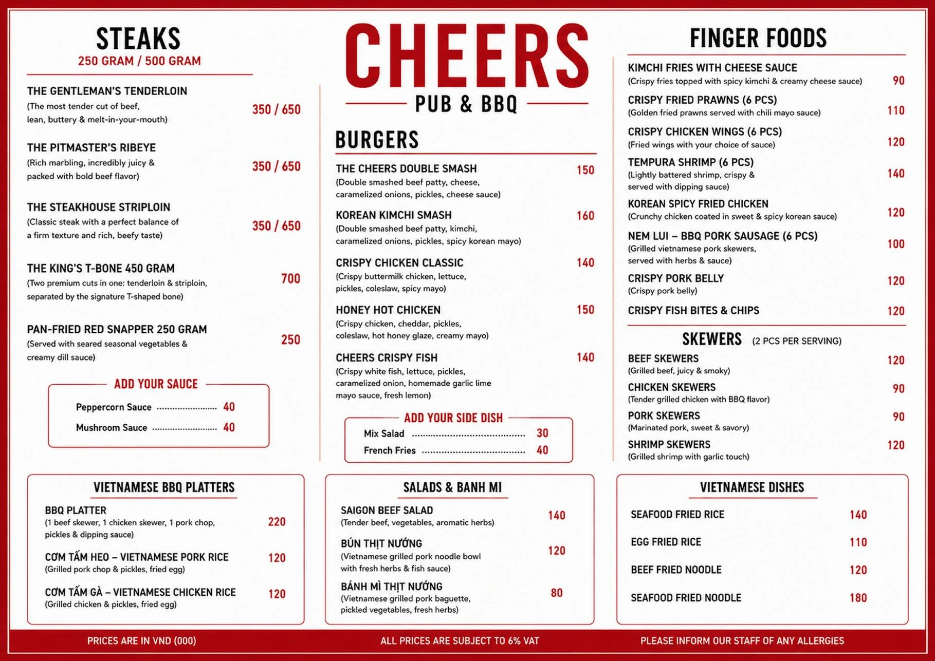 Cheers Pub and BBQ food menu with steaks, burgers, finger foods, Vietnamese dishes, salads and skewers